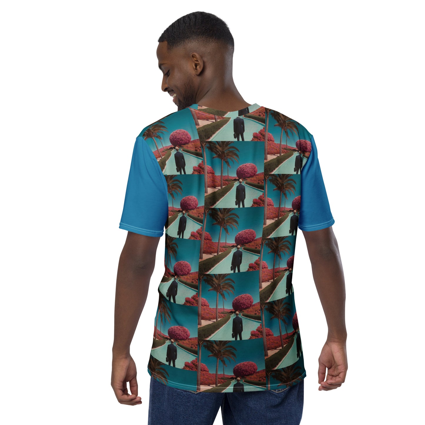 Men's short-sleeve T-shirt, teal with tropical collage squares print, crew neck.