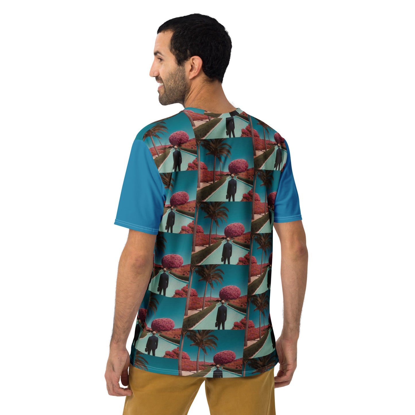 Men's graphic T-shirt with back view teal base and red tropical collage grid print