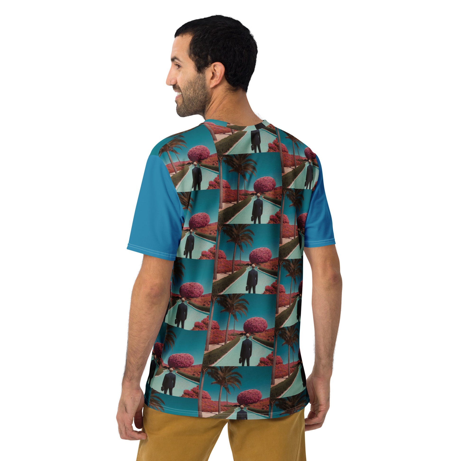Men's graphic T-shirt with back view teal base and red tropical collage grid print