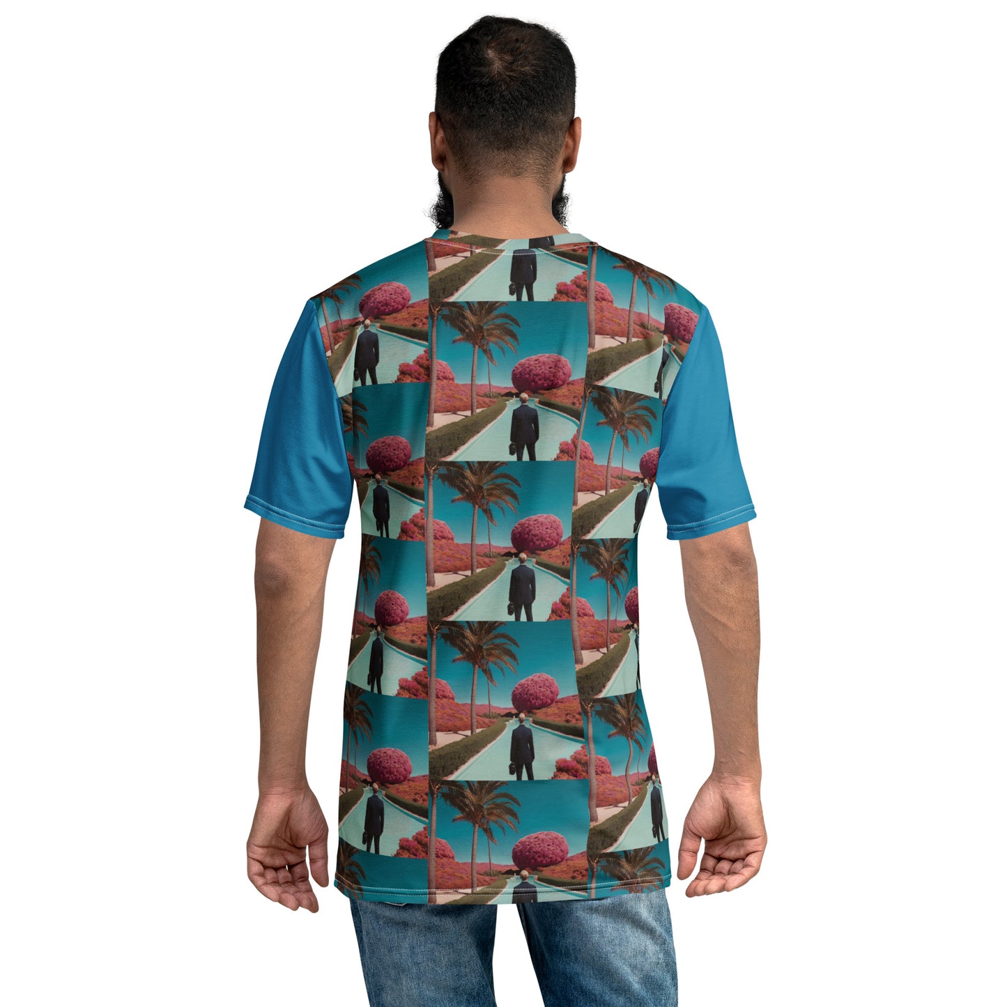 Men's graphic T-shirt, back view teal with red palm trees and figures in square panels