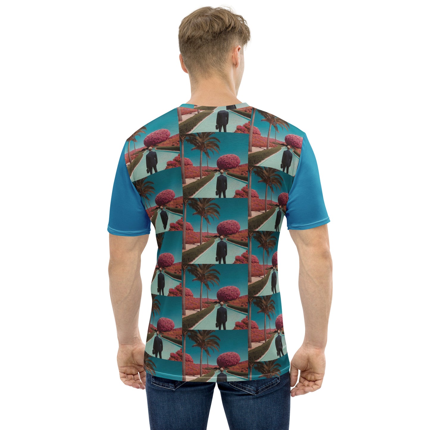 Men's graphic T-shirt back view teal with red palm trees and figures square-panel print