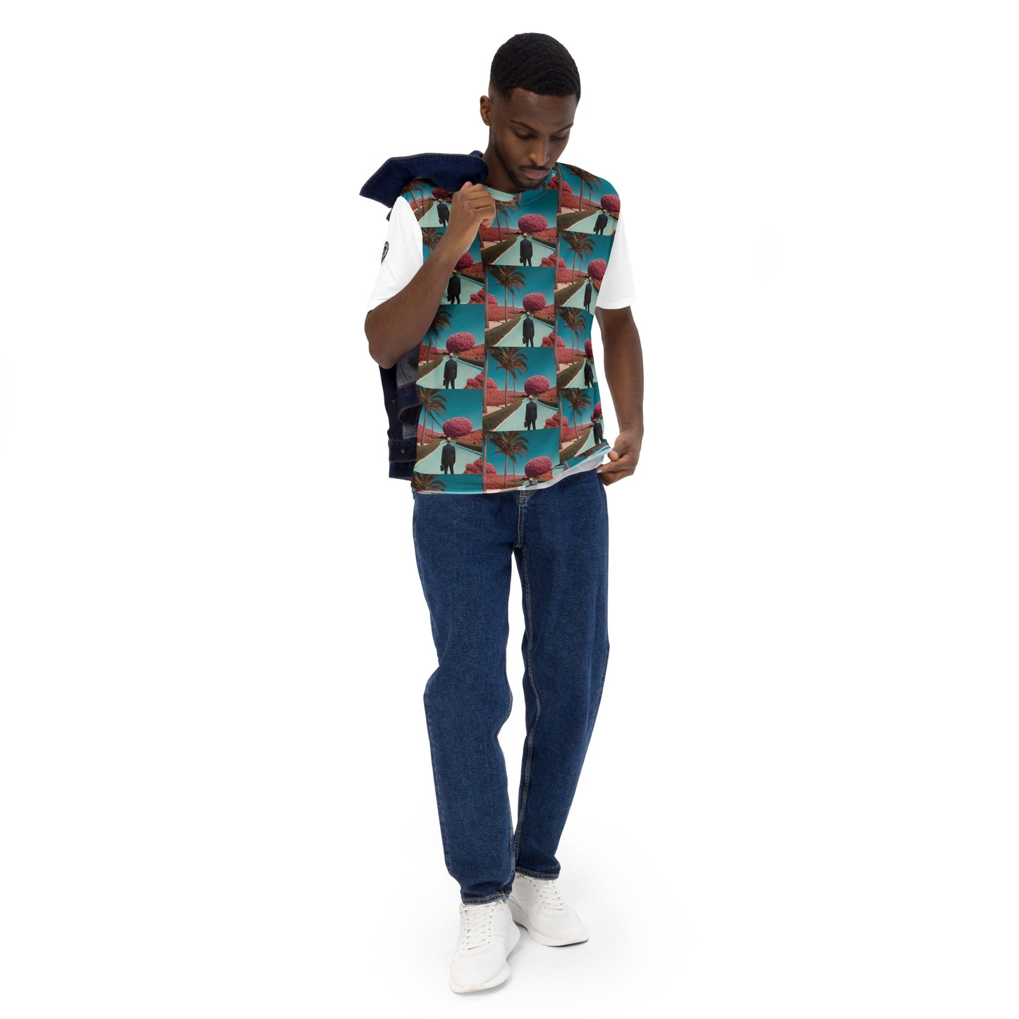 Men's crewneck T-shirt with teal collage graphic and white sleeve panels