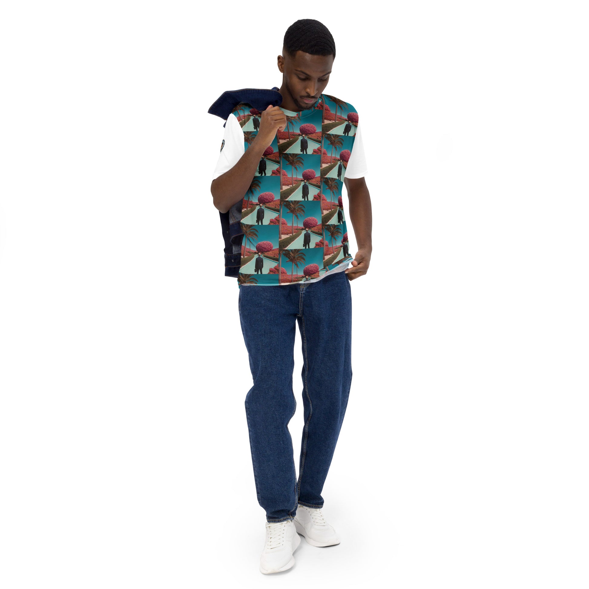 Men's crewneck T-shirt with teal collage graphic and white sleeve panels