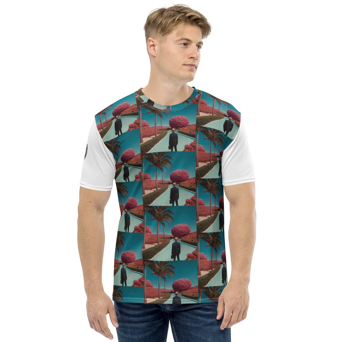 Men's crew-neck t-shirt with teal tropical panel print and white short sleeves