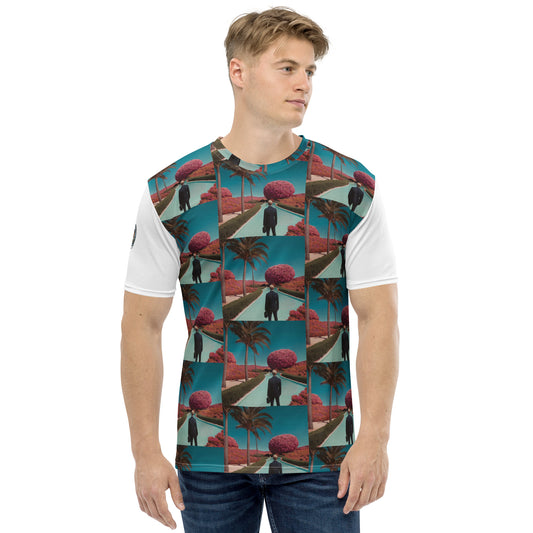Men's crew-neck t-shirt with teal tropical panel print and white short sleeves