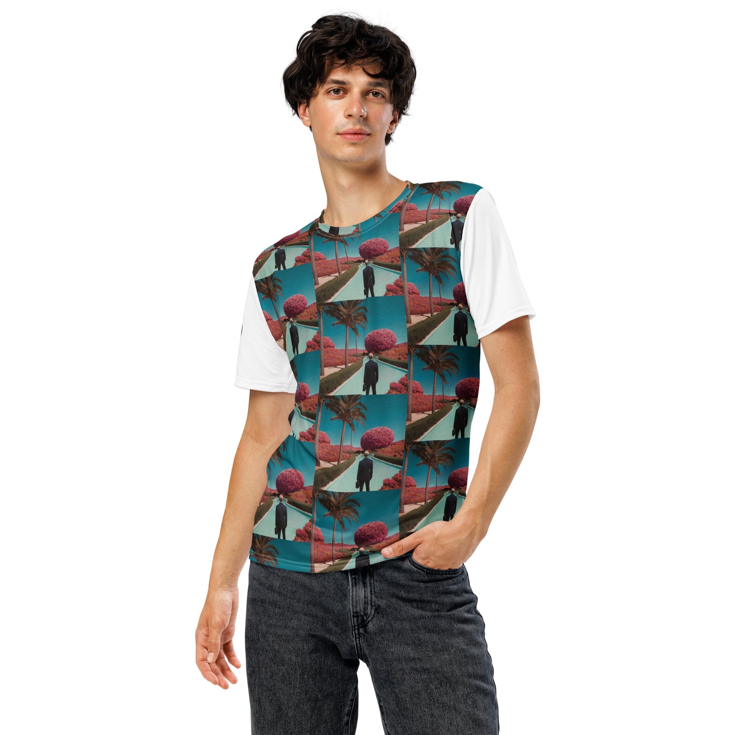Men's crew-neck t-shirt with teal tropical panel print and white sleeves, side pose