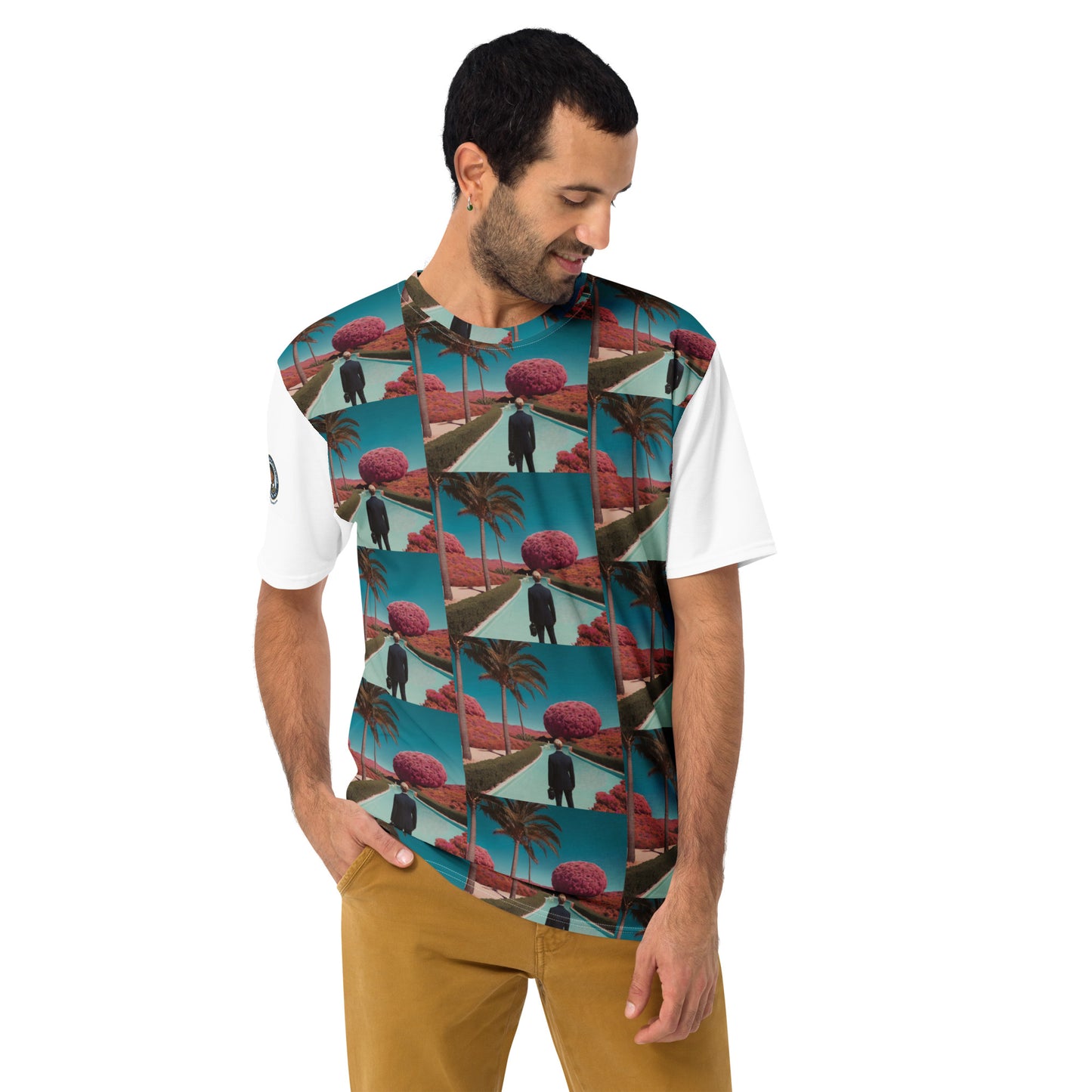 Men's crewneck T-shirt with teal collage graphic and white sleeves