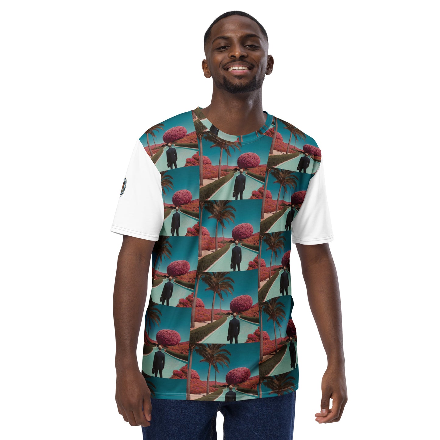 Men's crewneck T-shirt with teal collage graphic, palm trees and figures, white sleeves