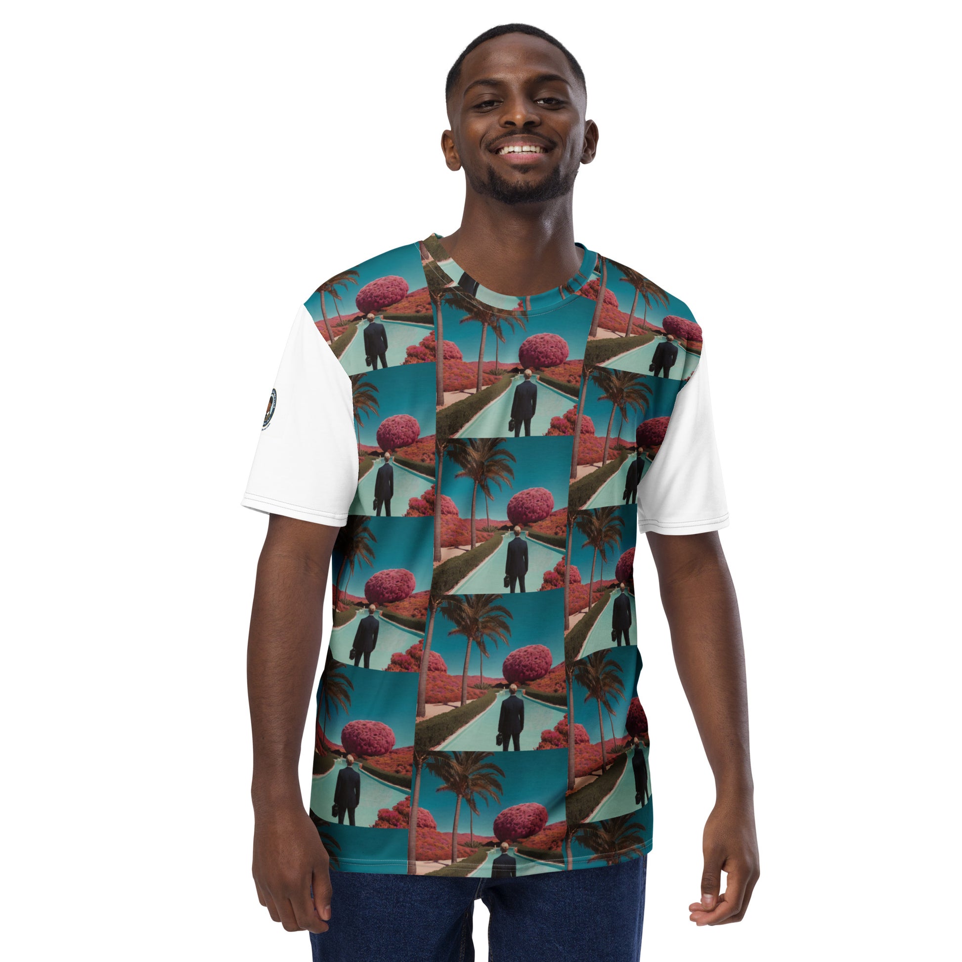 Men's crewneck T-shirt with teal collage graphic, palm trees and figures, white sleeves