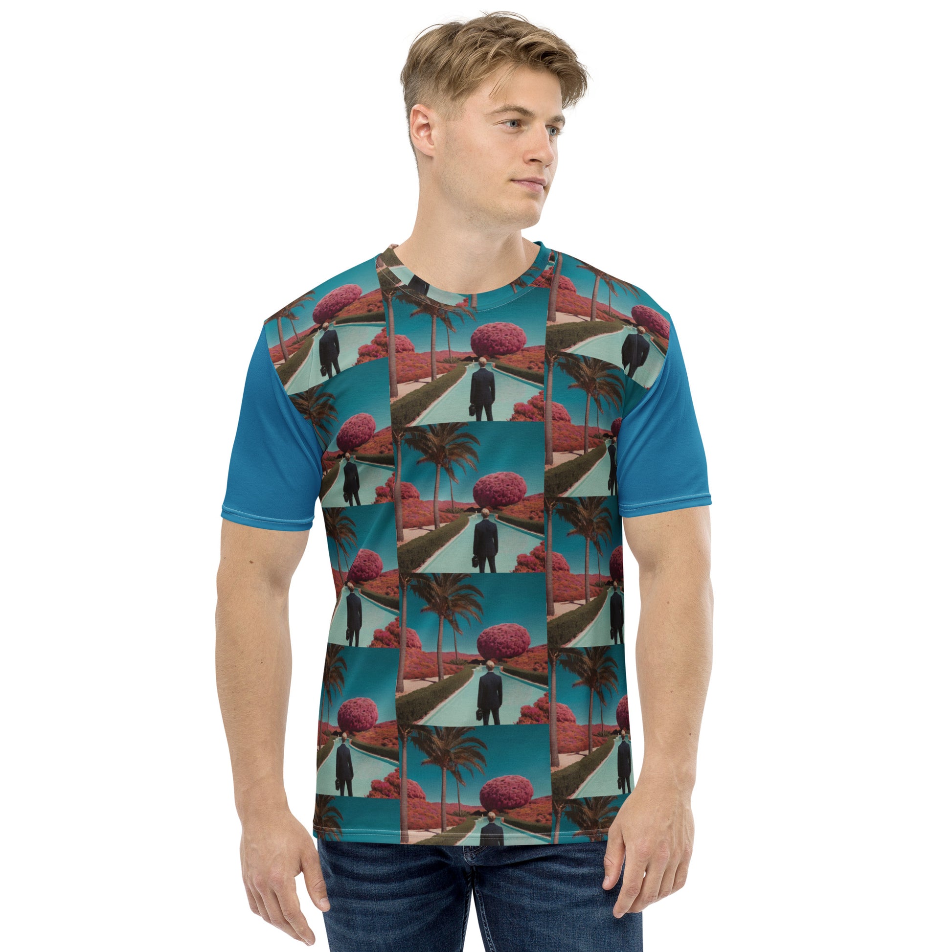 Men's graphic T-shirt front view teal with red tropical palm and figure grid print