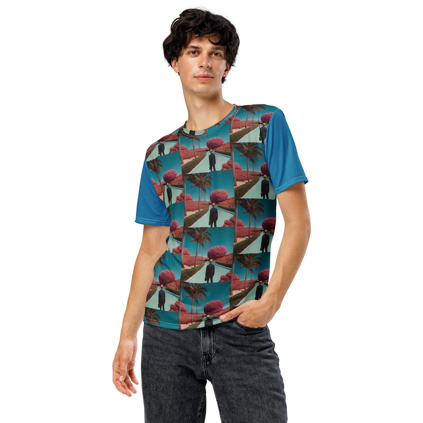 Men's graphic T-shirt front view teal with red palm trees and silhouette squares on front