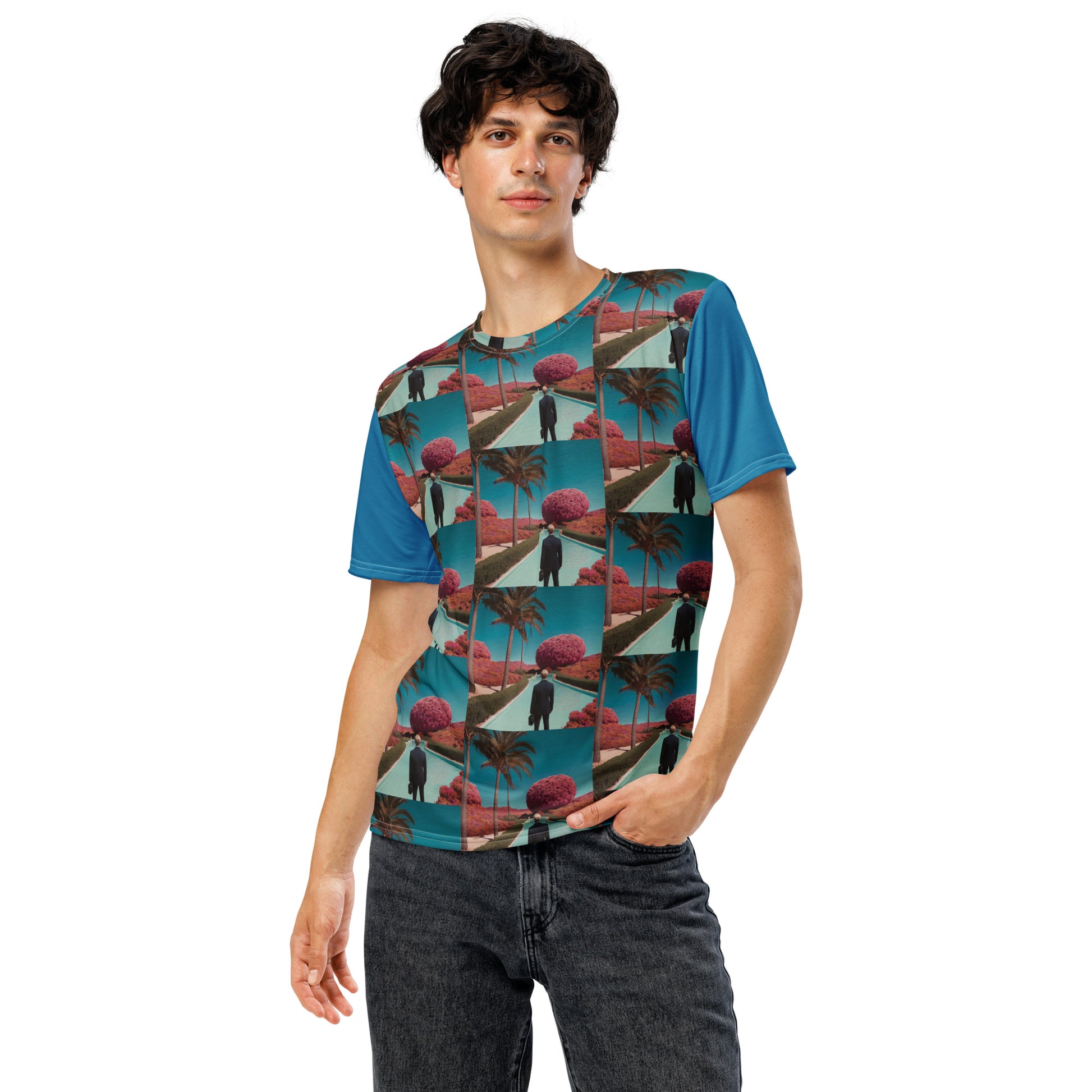 Men's graphic T-shirt front view teal with red palm trees and silhouette squares on front