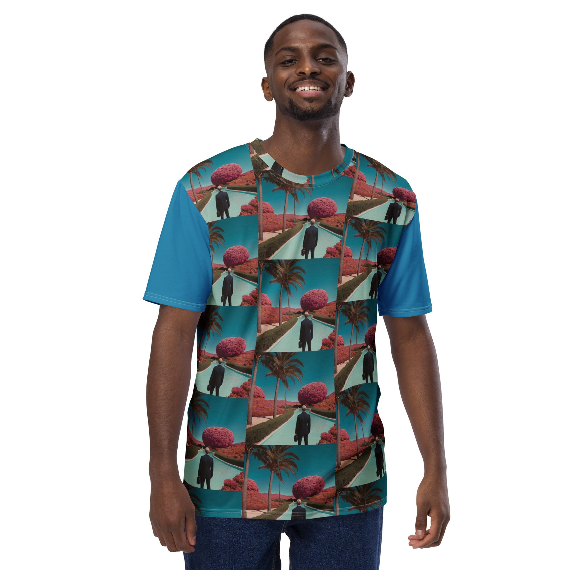 Men's short-sleeve T-shirt, teal with multicolor tropical collage print, round crew neck.