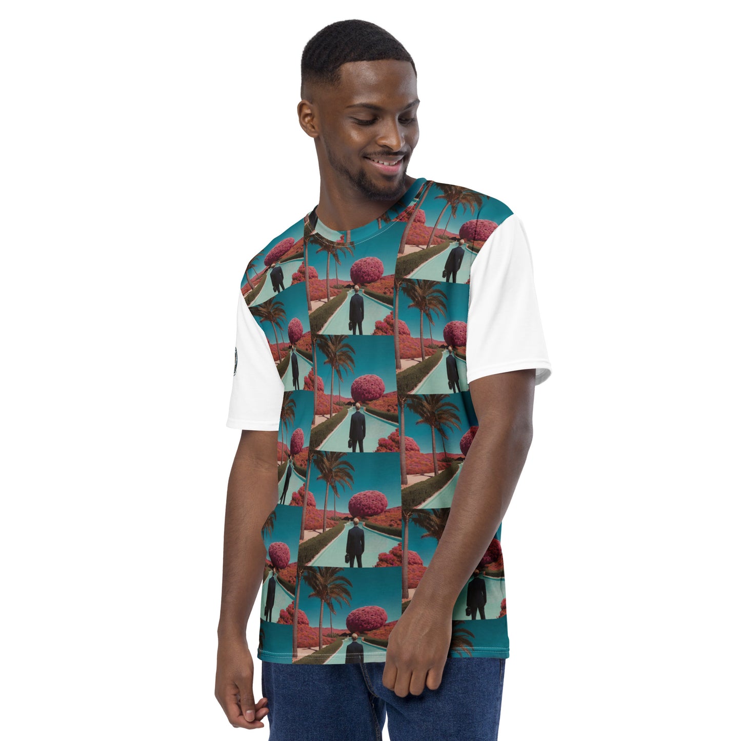 Men's crew-neck t-shirt in teal tropical patch graphic with white short sleeves
