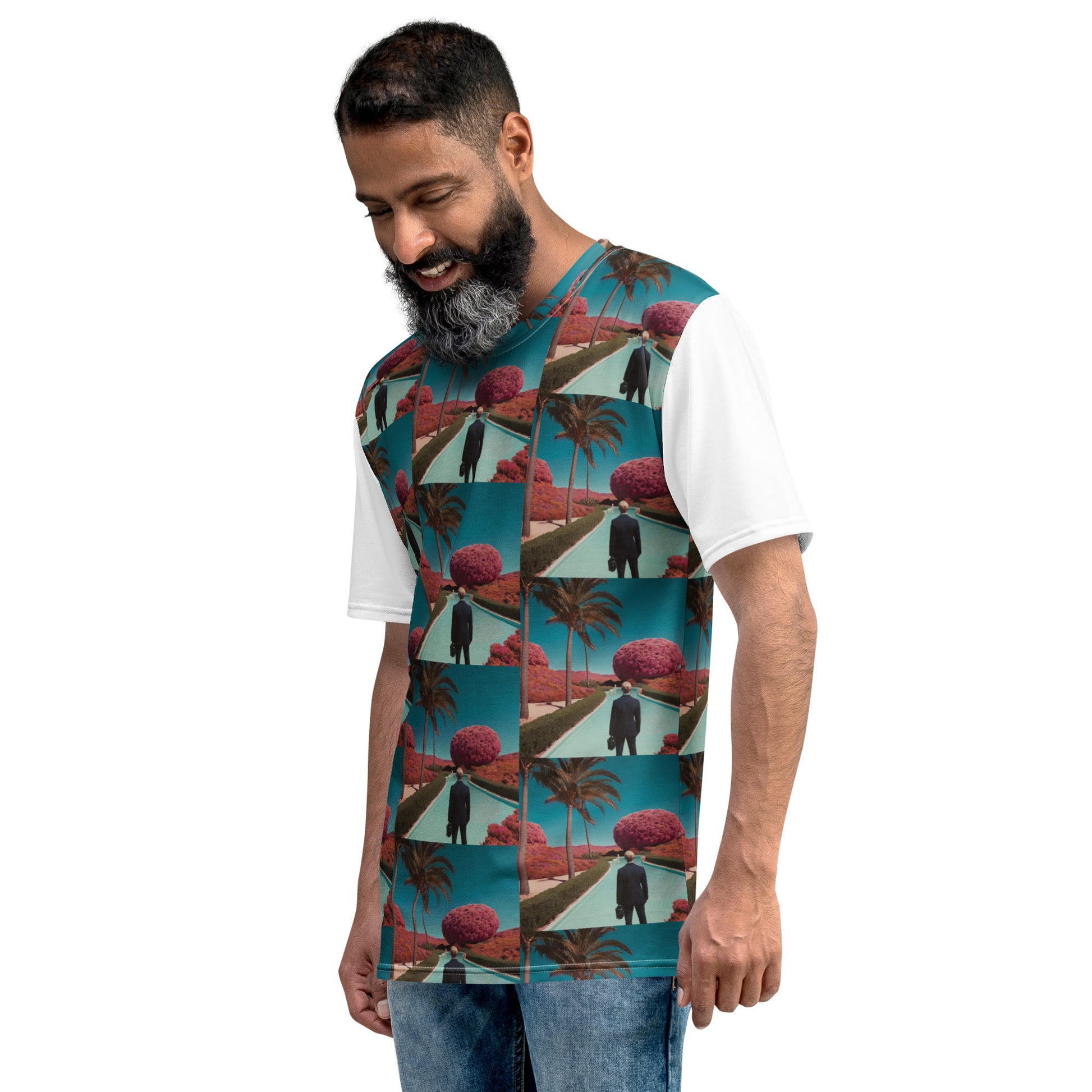 Men's crew-neck t-shirt with teal tropical panel graphic and white short sleeves