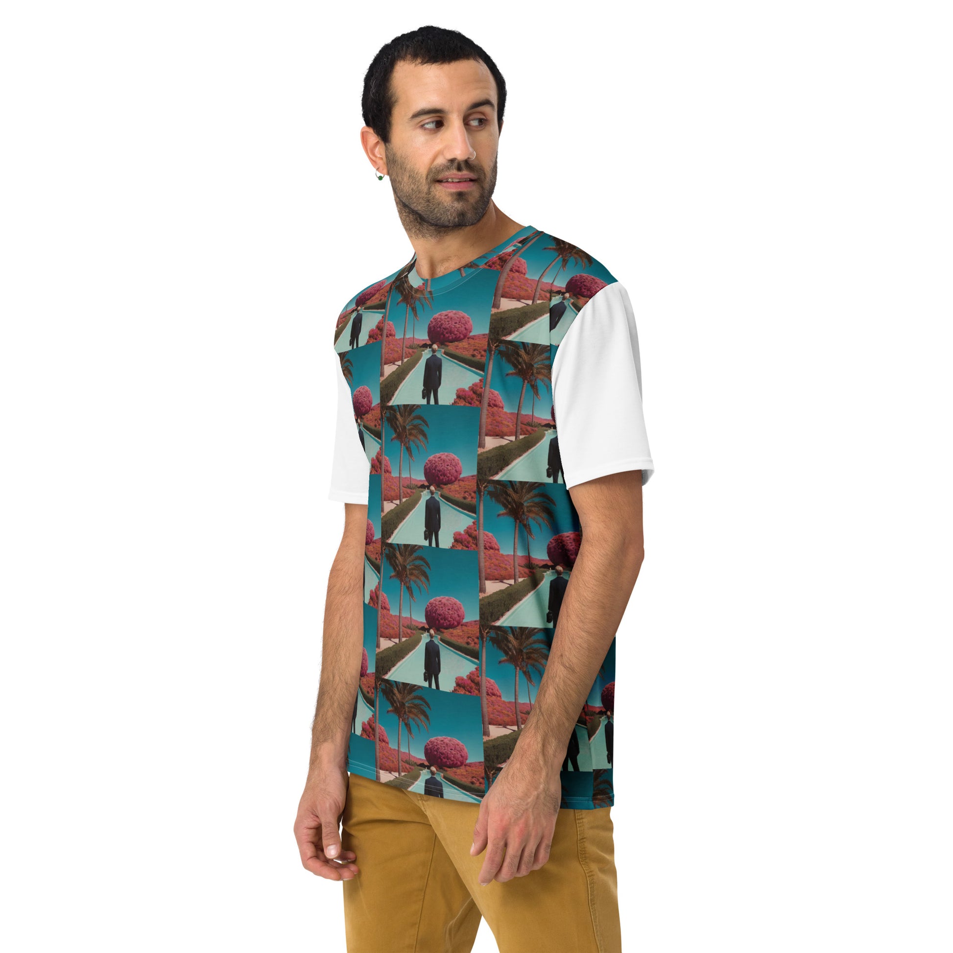 Men's crew-neck t-shirt, side view, teal tropical panel print with white short sleeves