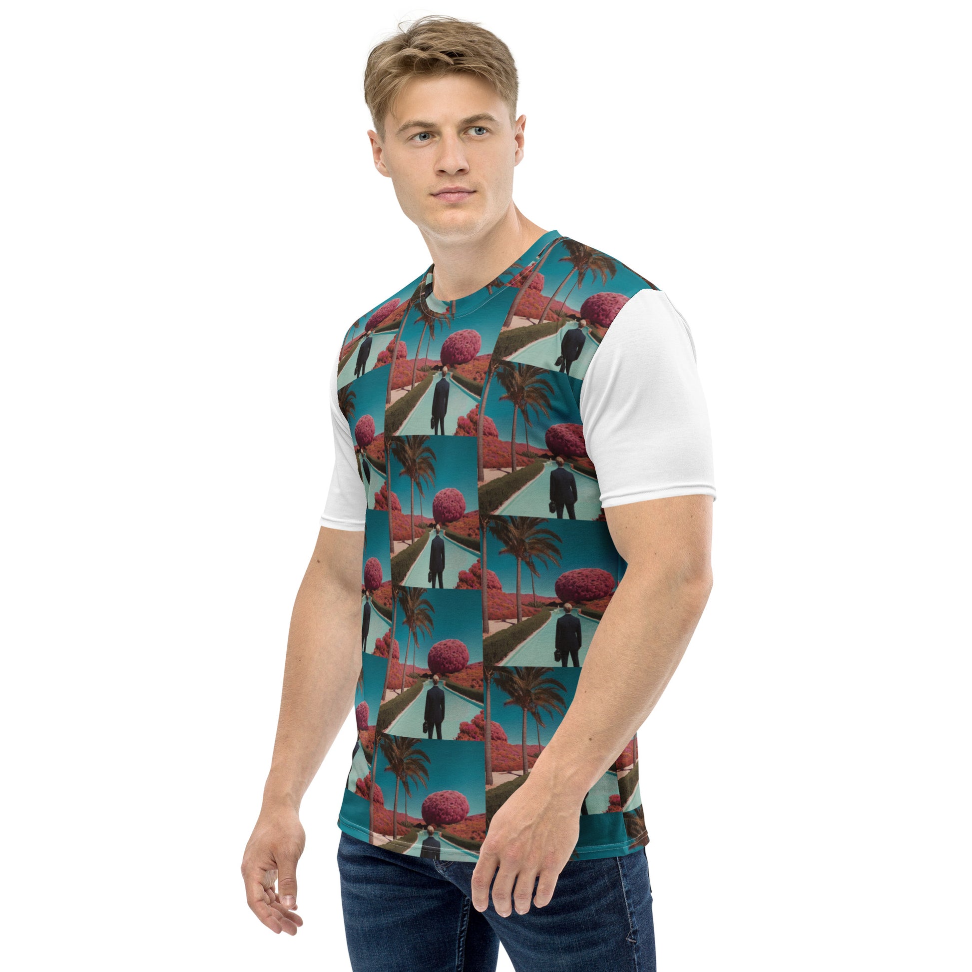 Men's crewneck T-shirt with teal collage graphic and white sleeve panels, side view