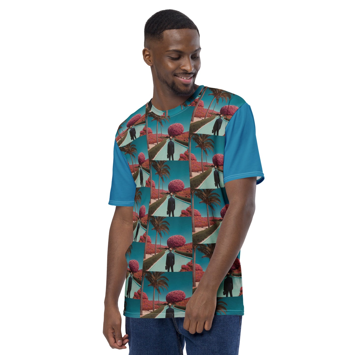 Men's short-sleeve T-shirt, teal with red palm and bird collage print, crew neck.