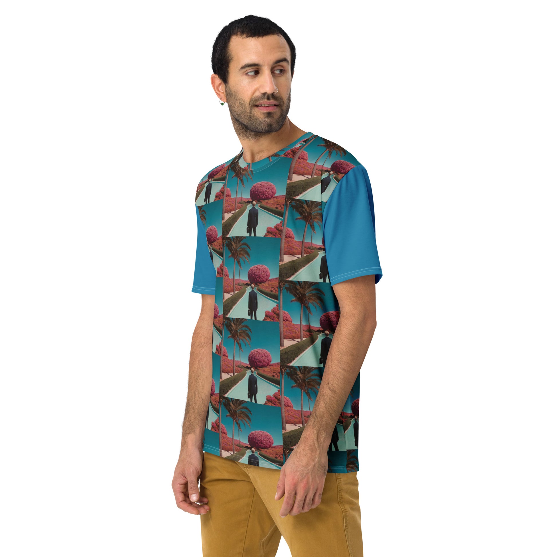Men's graphic T-shirt in teal with red palm tree and figure grid print