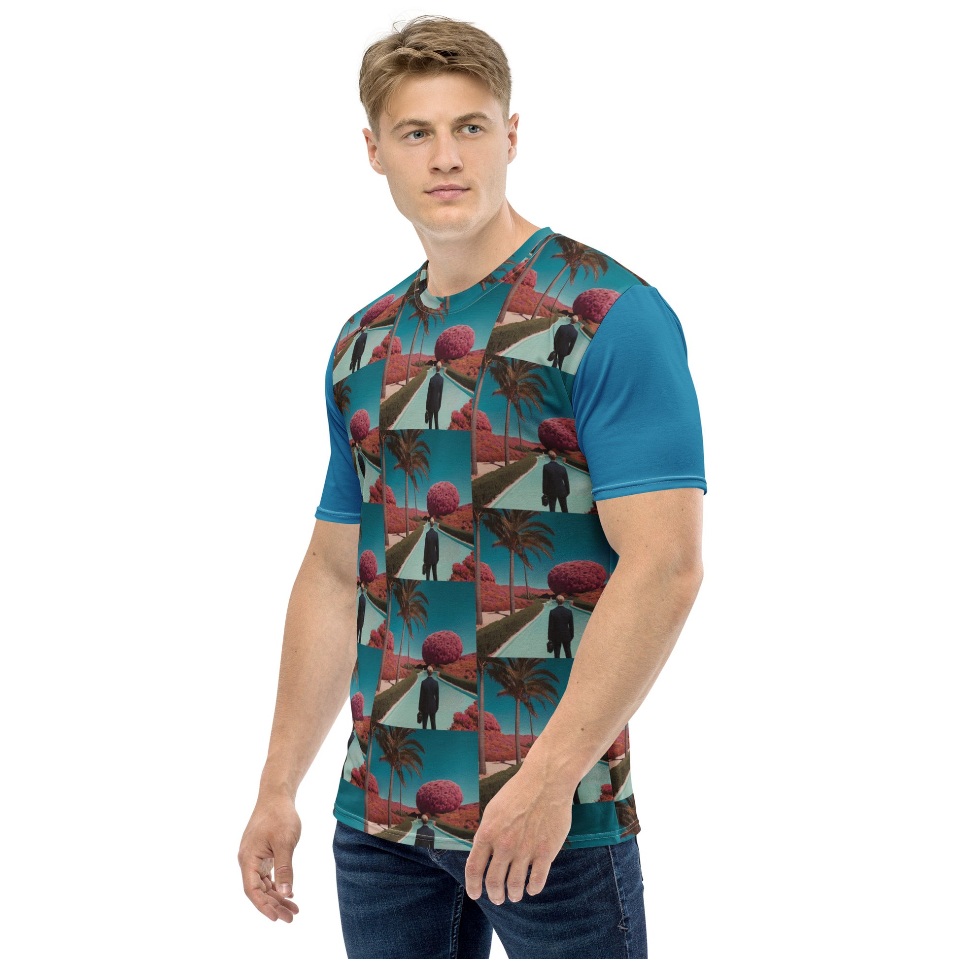 Men's graphic T-shirt front view teal with red tropical collage grid and black silhouettes