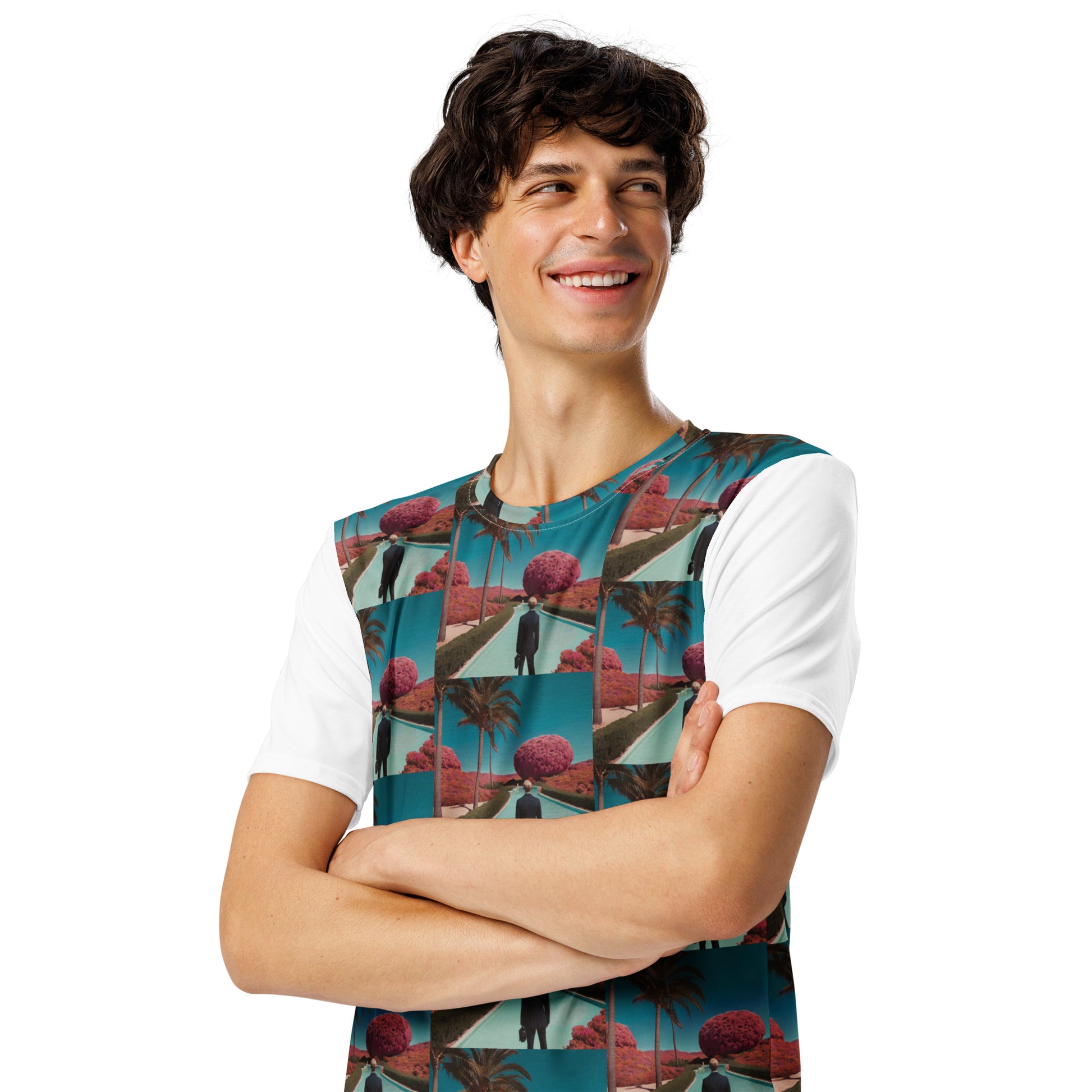 Men's crew-neck t-shirt, front view, teal tropical print with white short sleeves