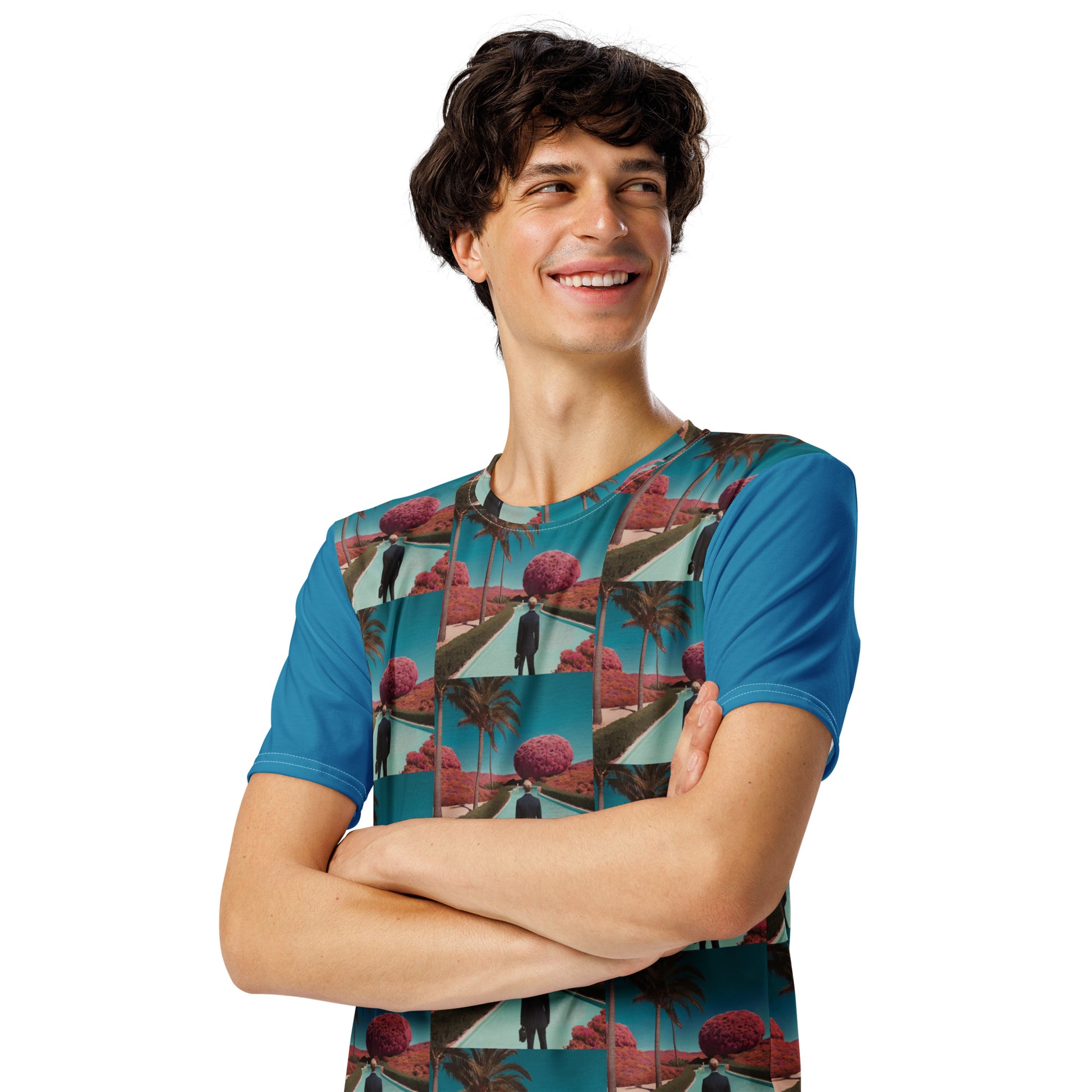 Men's graphic T-shirt front view teal with red tropical palm tree and figure grid print