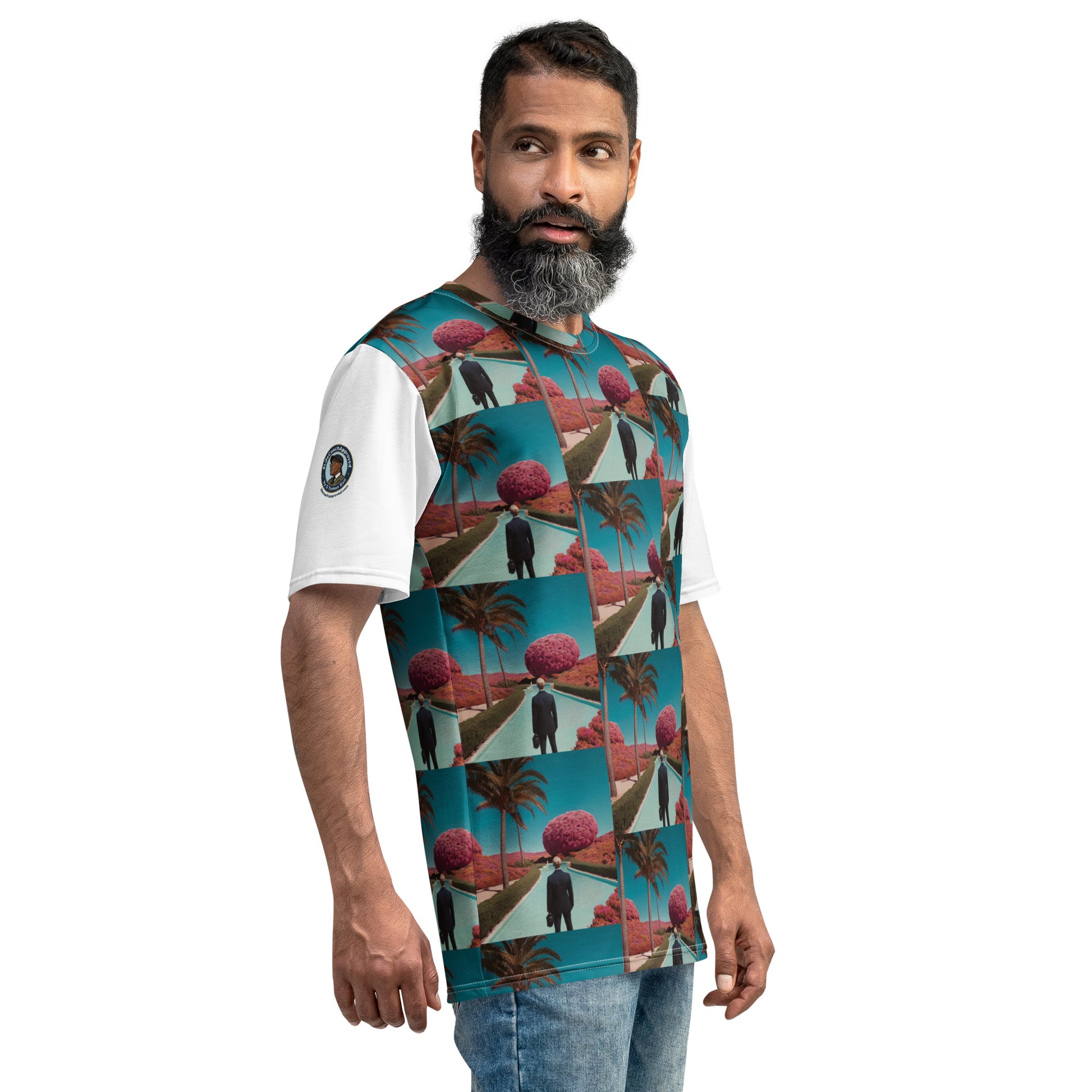 Men's crew-neck t-shirt with teal tropical print and white sleeves, small sleeve patch