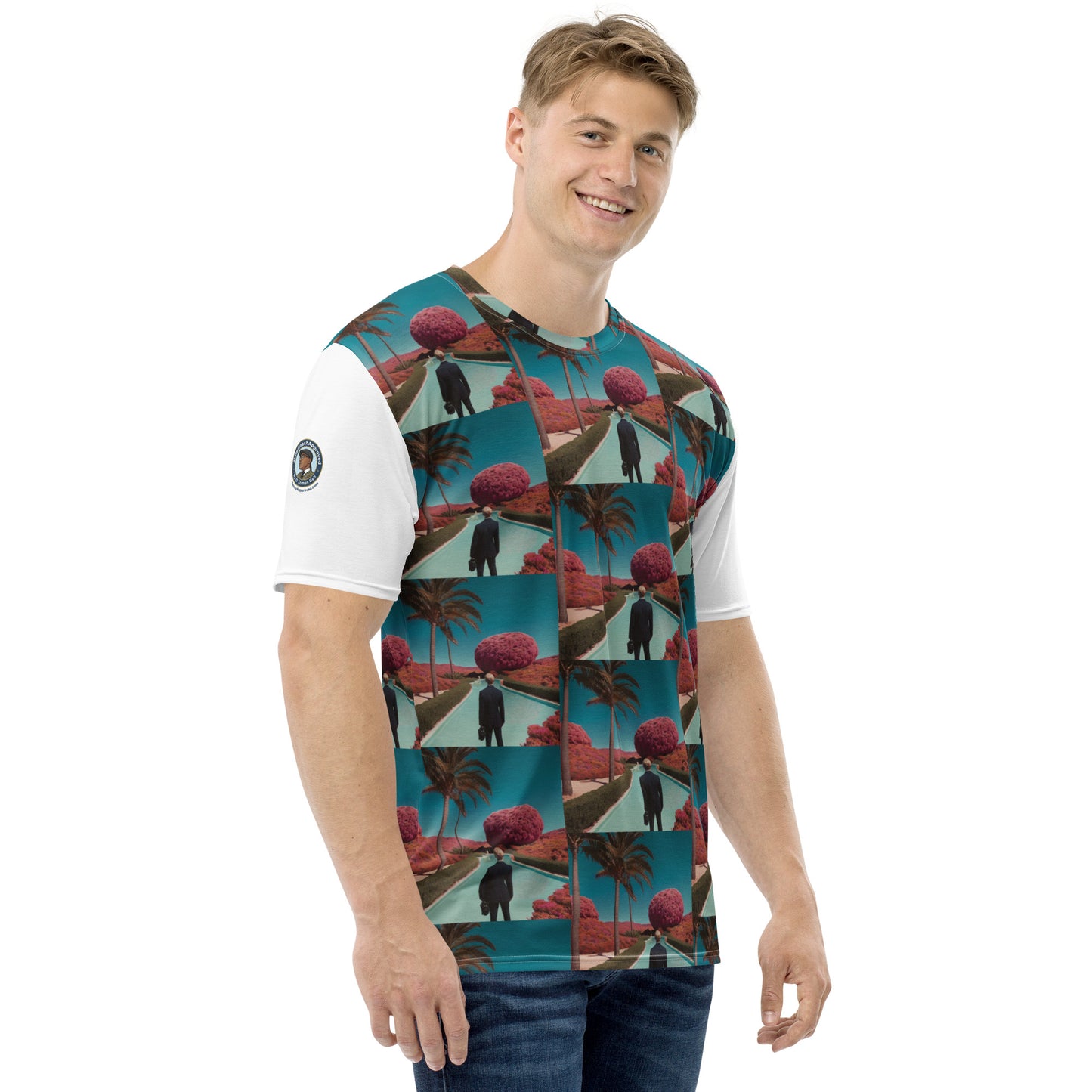 Men's crewneck T-shirt with teal collage graphic and oval sleeve logo, white sleeves