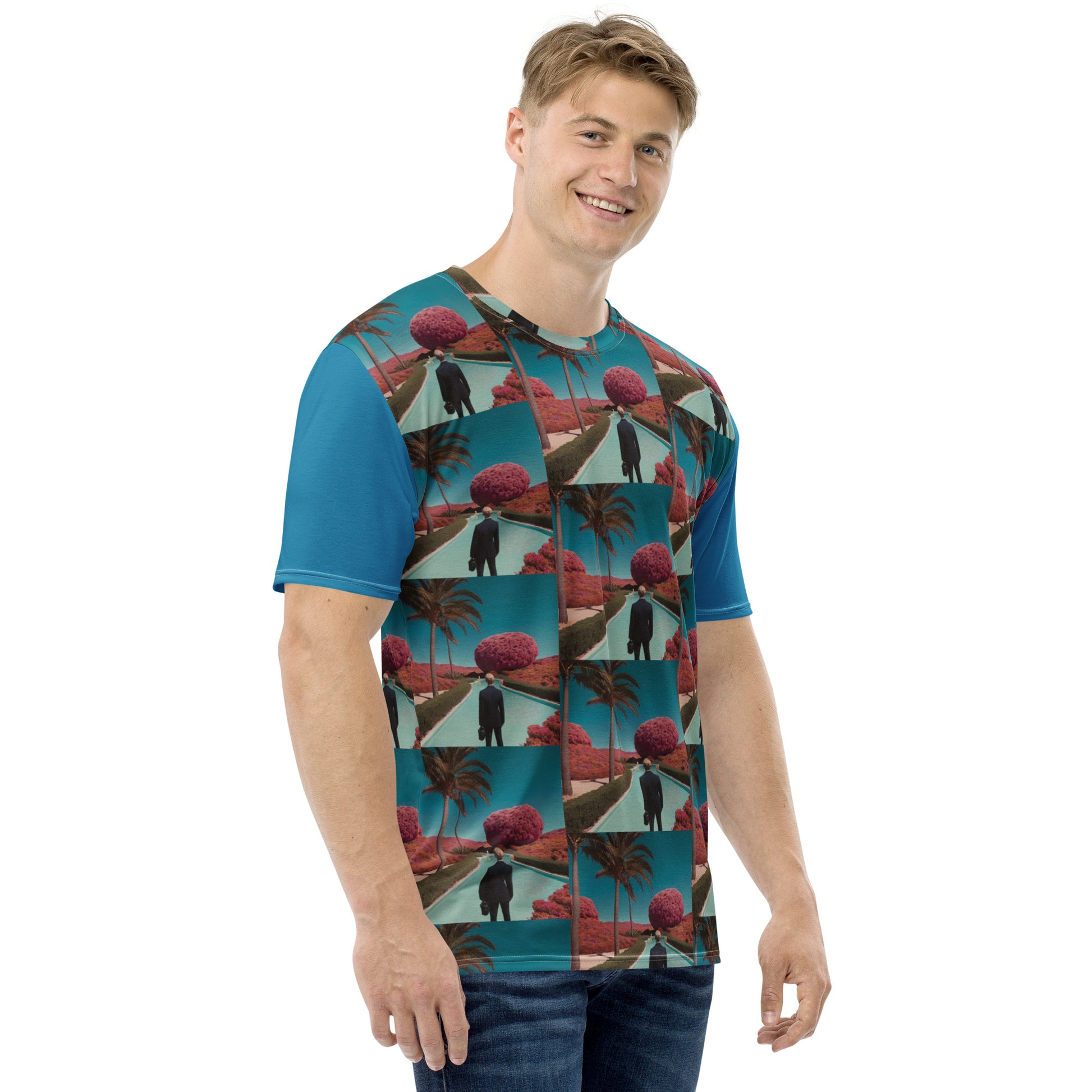 Men's graphic T-shirt front view teal with red palm tree and figure mosaic square print