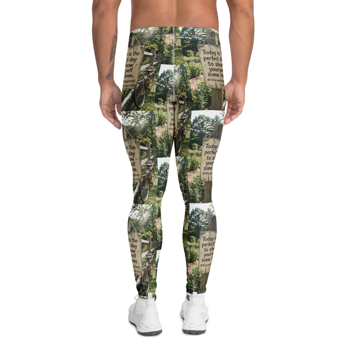 Men's leggings with full-coverage forest graphic print and motivational text blocks