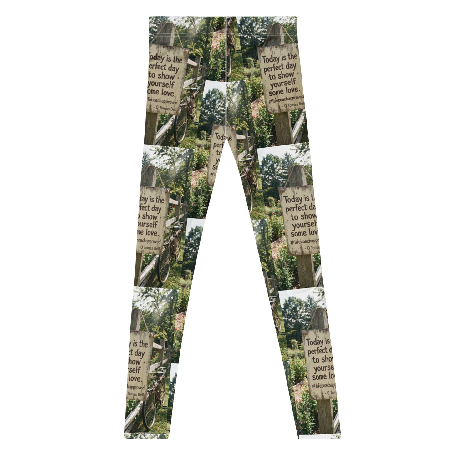 Men's leggings with all-over nature sign graphic and repeating inspirational text pattern