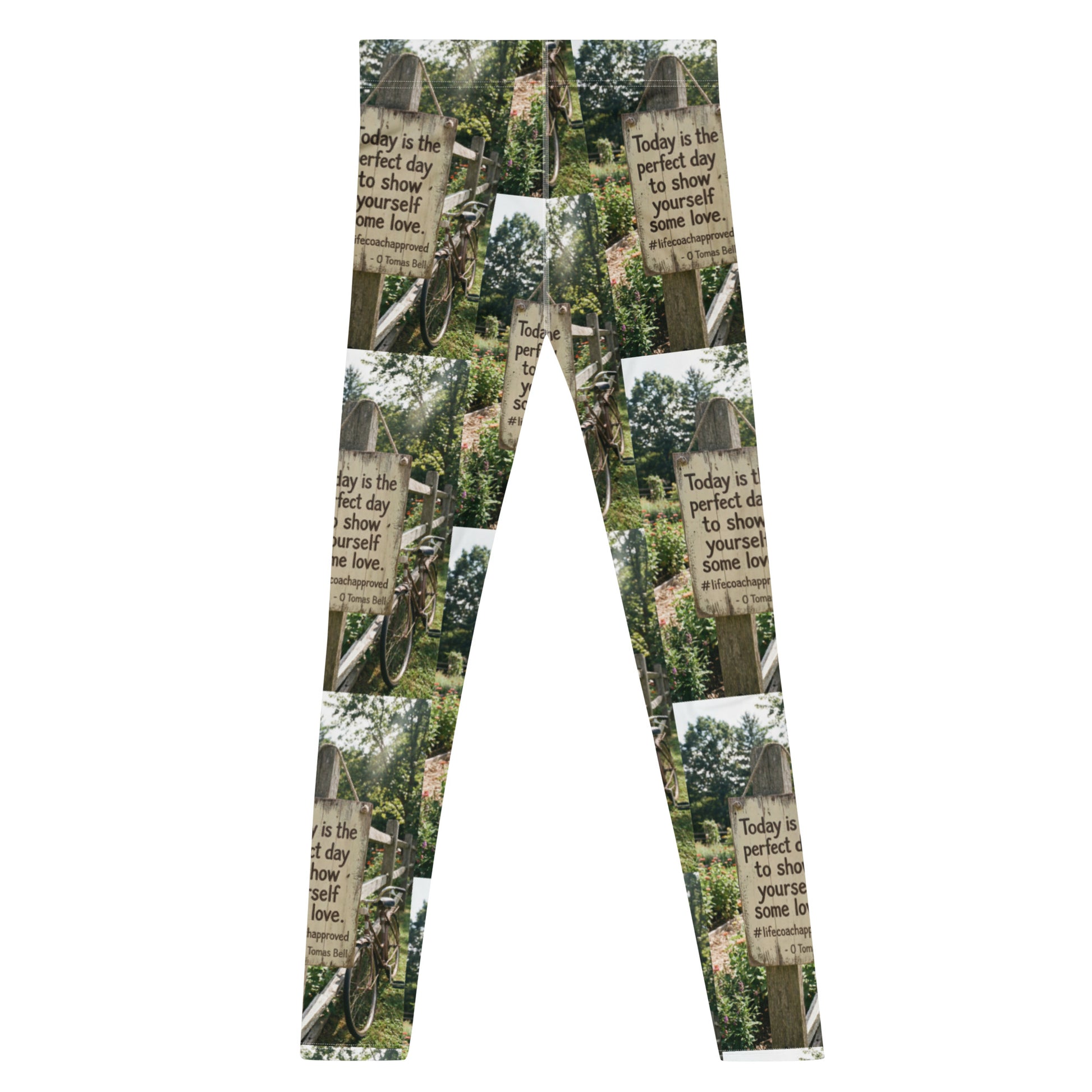 Men's leggings with all-over nature sign graphic and repeating inspirational text pattern