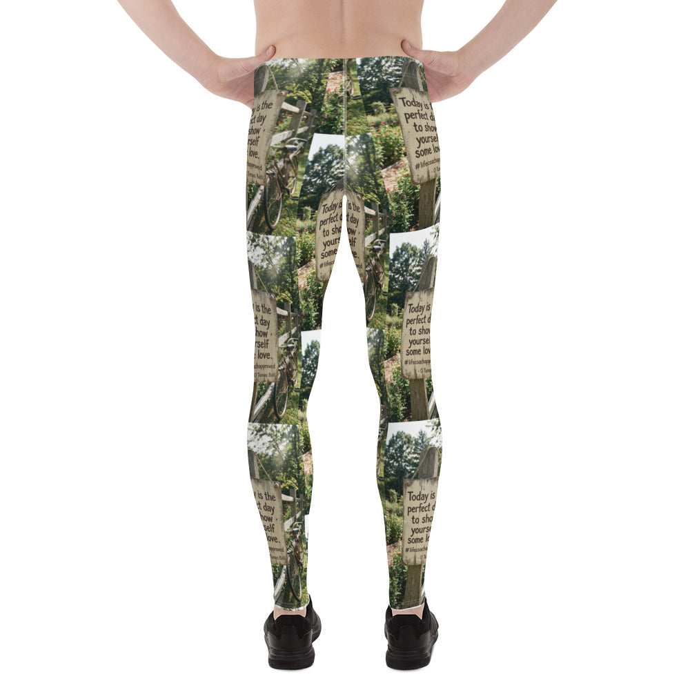 Men's leggings full-length view with all-over nature sign and quote text print