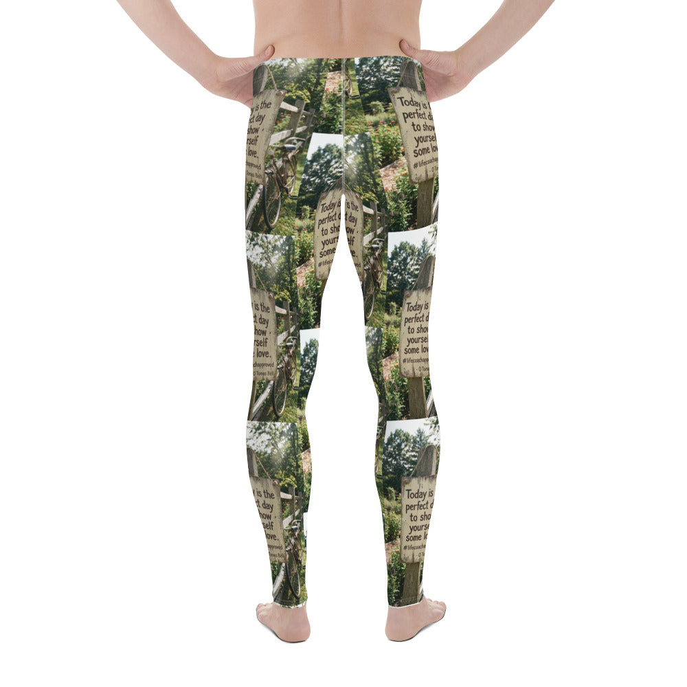 Men's leggings with forest photo pattern and repeating motivational quote blocks