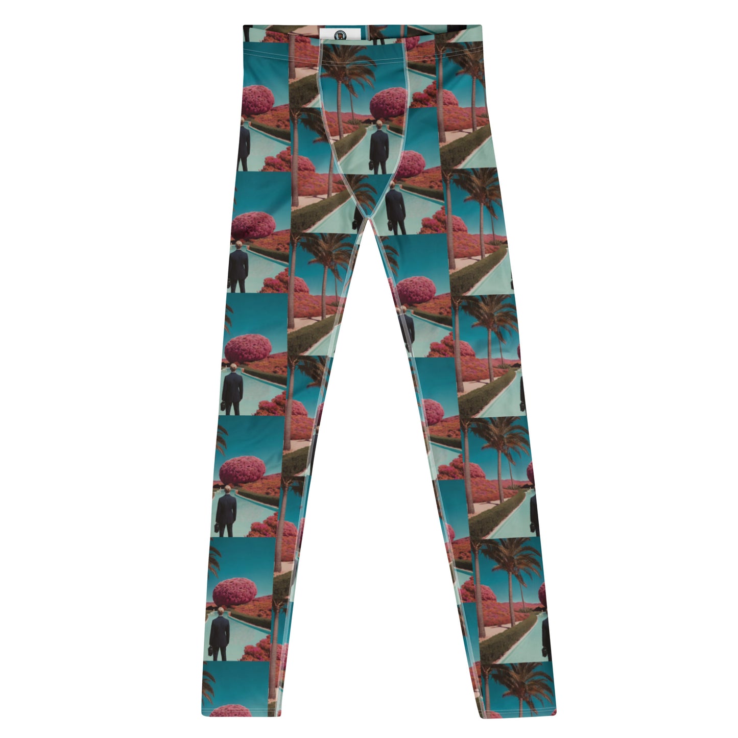 Men's leggings with teal tropical palm and fruit graphic print, full-length.