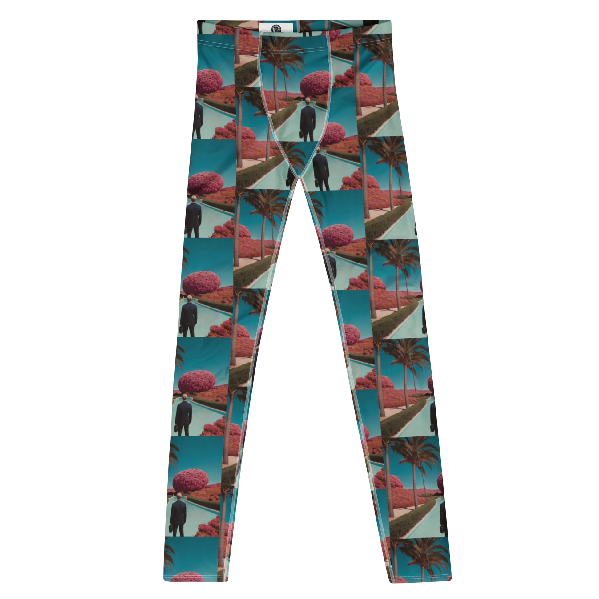 Men's leggings with teal tropical palm and fruit graphic print, full-length.