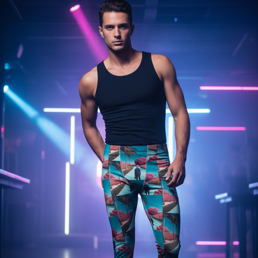 Men's tropical printed leggings in teal with palm trees and red fruit graphics.