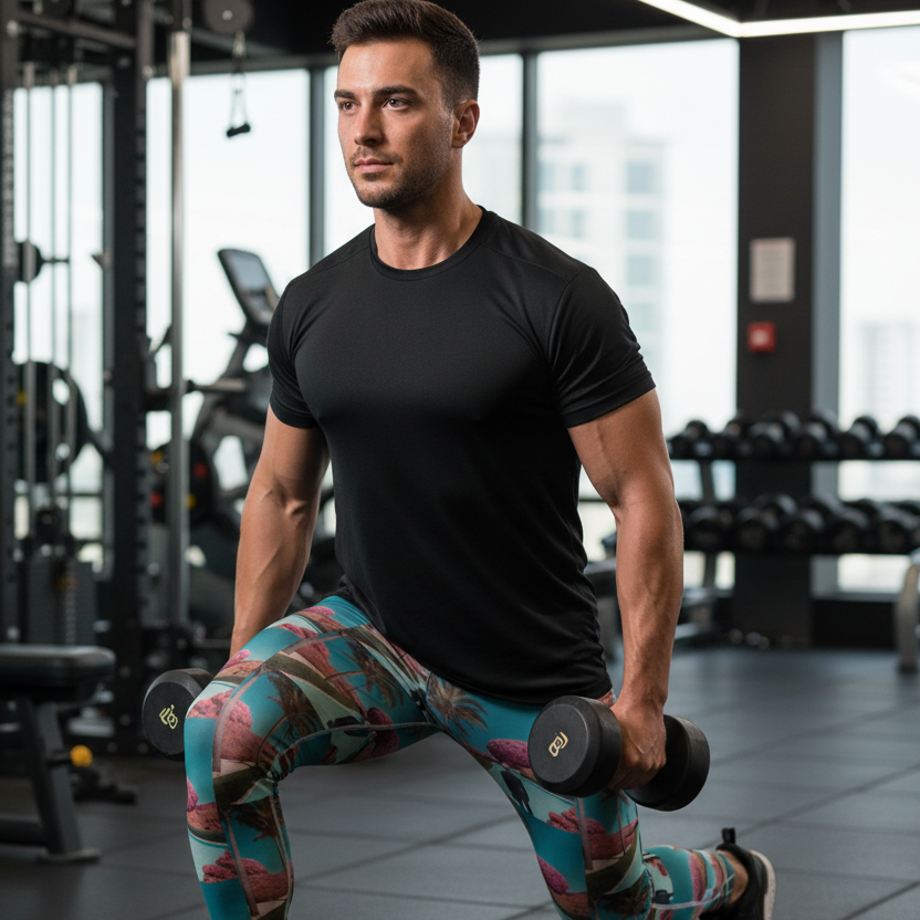 Men's tropical leggings, teal with palm and red fruit print, side view.