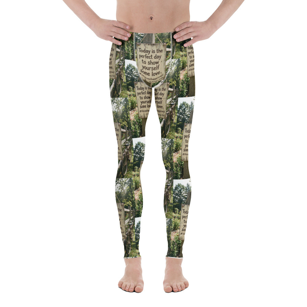 Men's leggings featuring a full-length forest graphic print with motivational text panel
