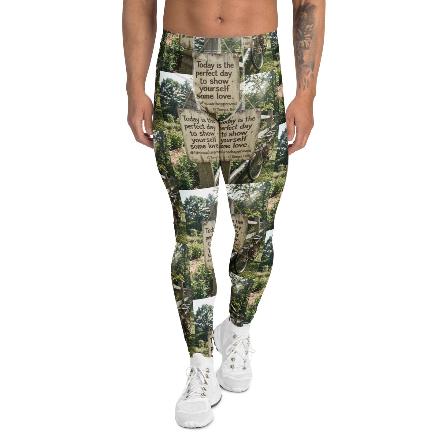 Men's leggings with forest photo pattern and motivational quote text, worn standing