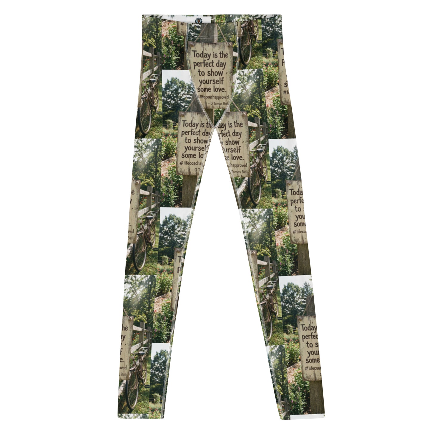 Men's leggings with all-over forest graphic print and motivational text, flat view