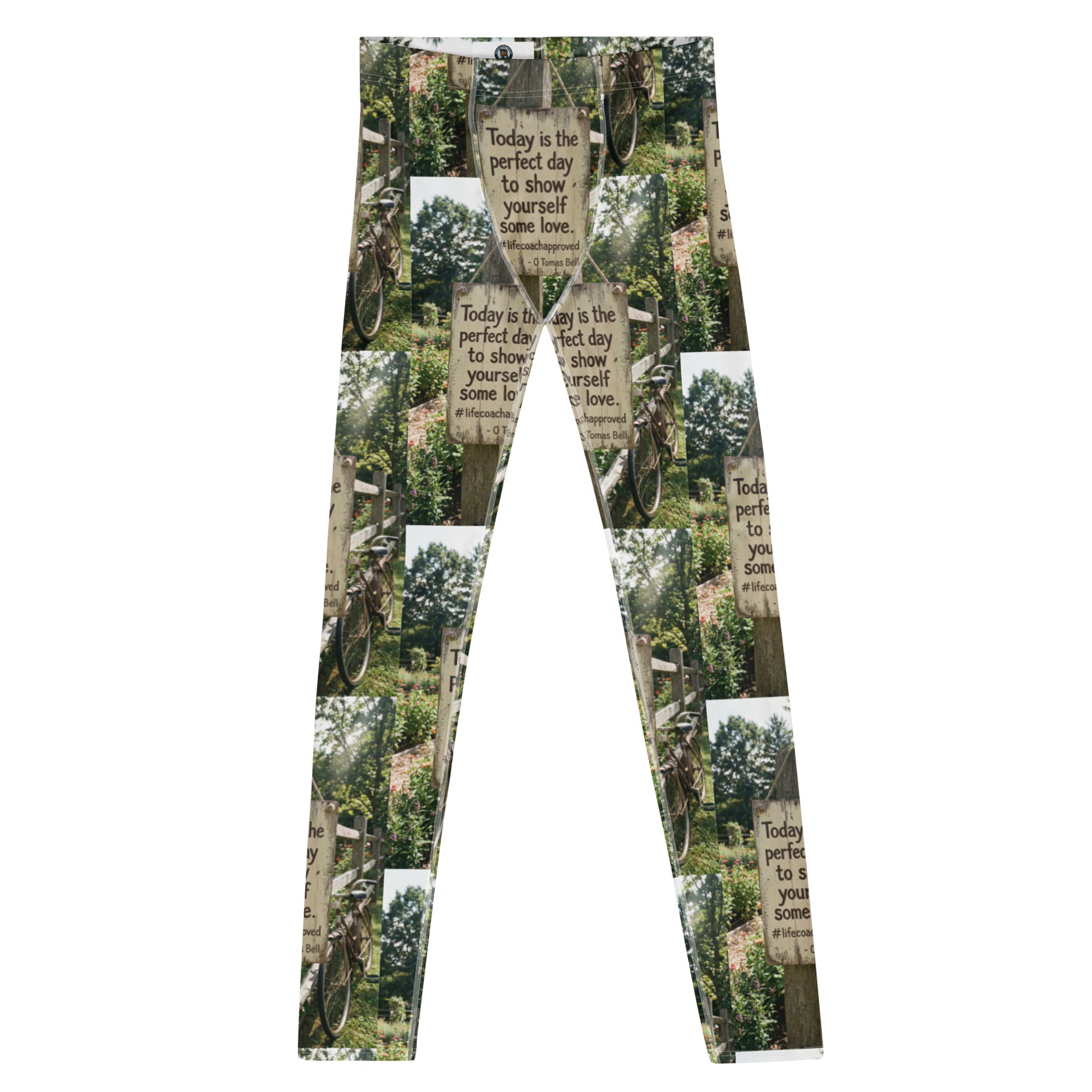 Men's leggings with all-over forest graphic print and motivational text, flat view