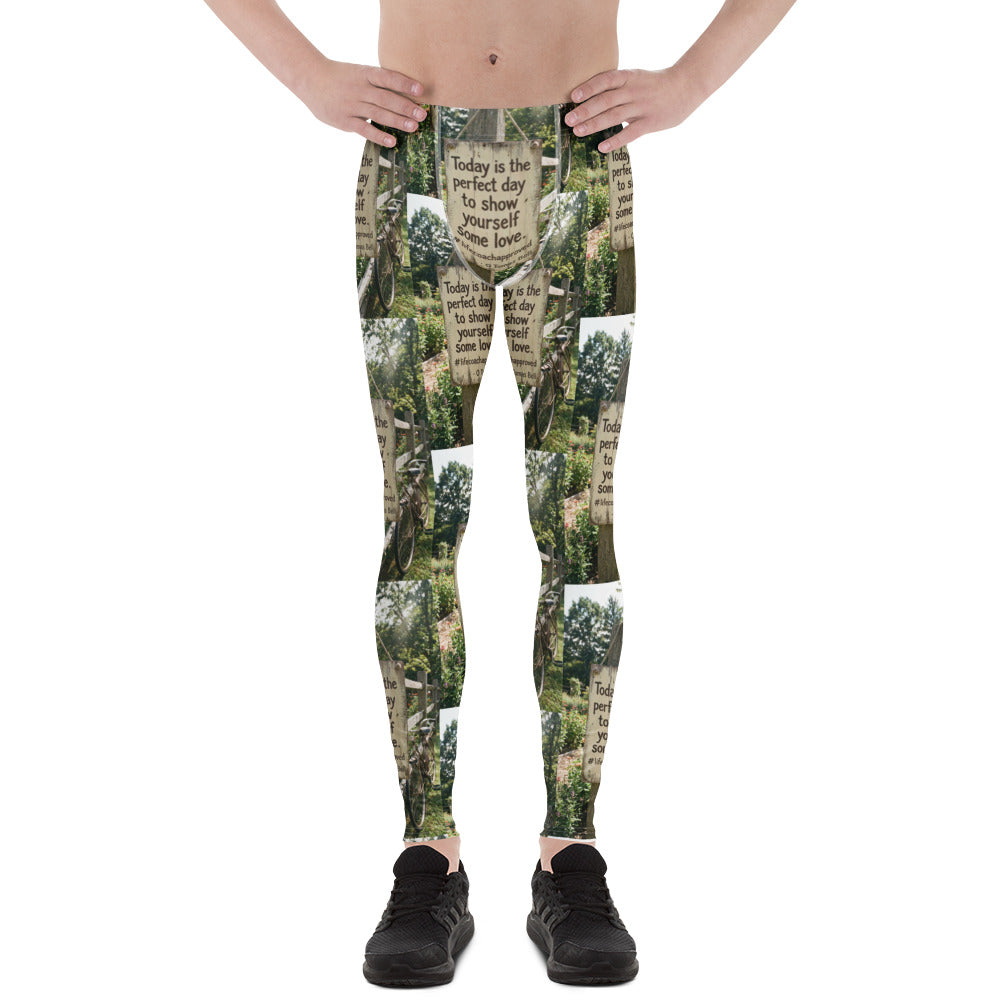 Men's leggings with all-over nature sign graphic and repeating inspirational text