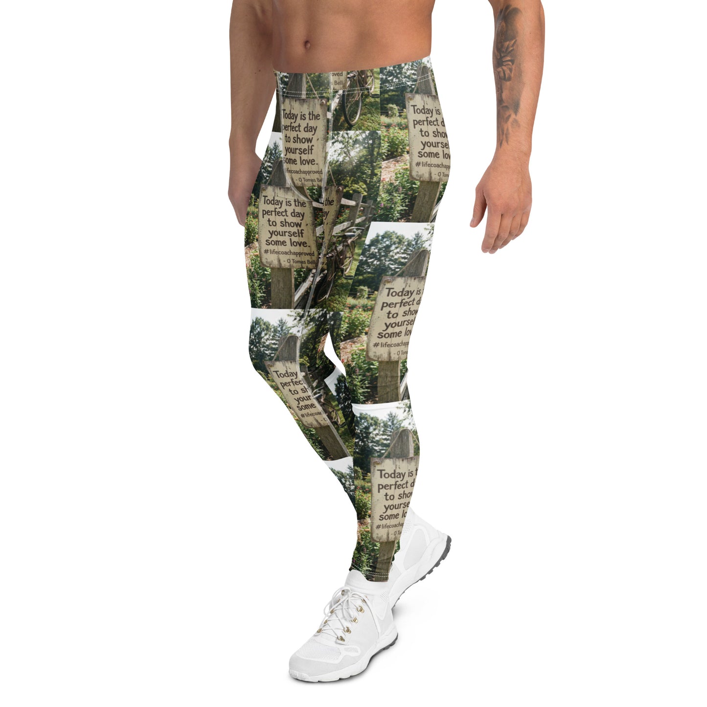 Men's leggings with forest photo print and motivational text, worn with white sneakers