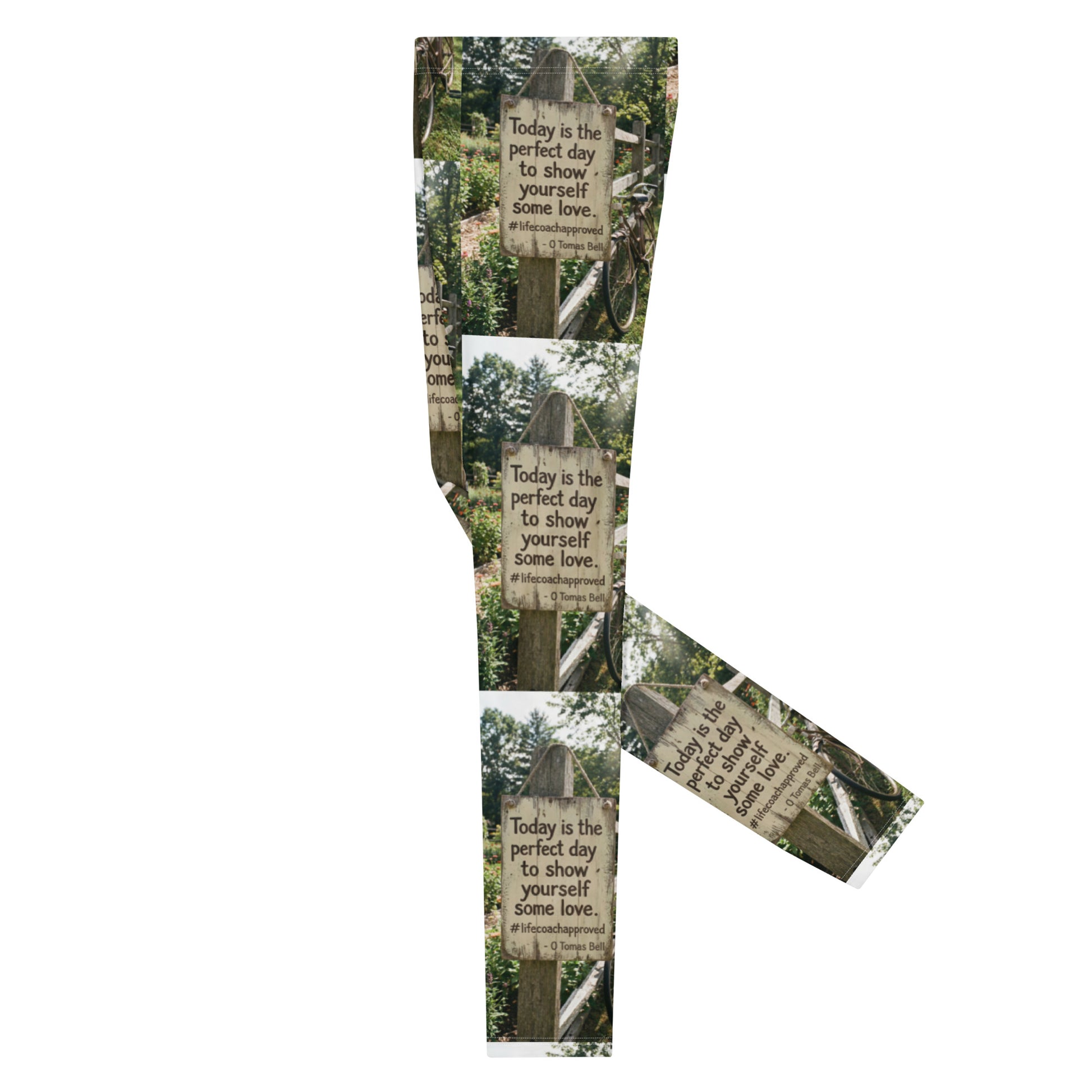 Men's leggings with all-over nature sign and quote print, full-length slim fit