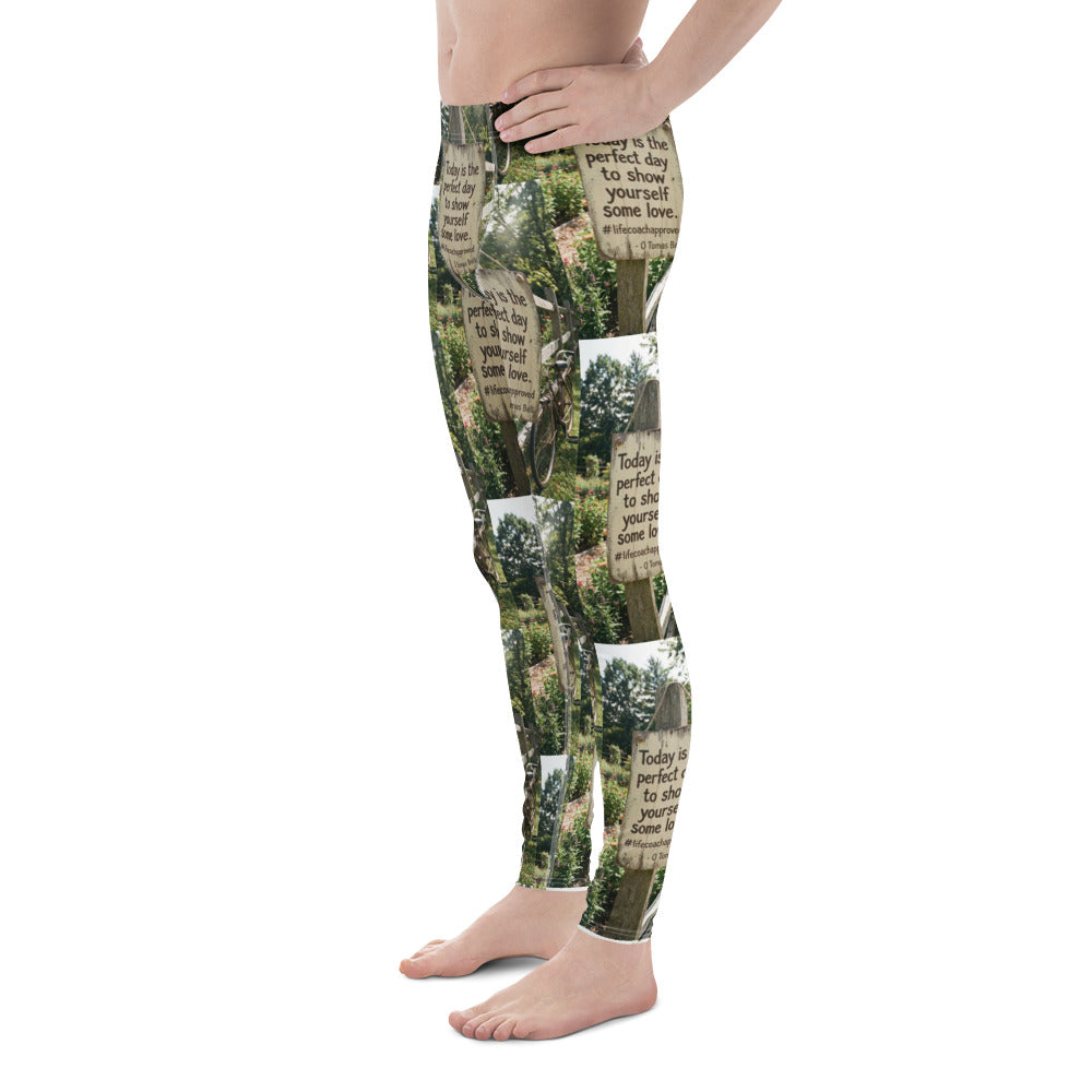 Men's leggings with forest graphic print and repeating quote wording across legs