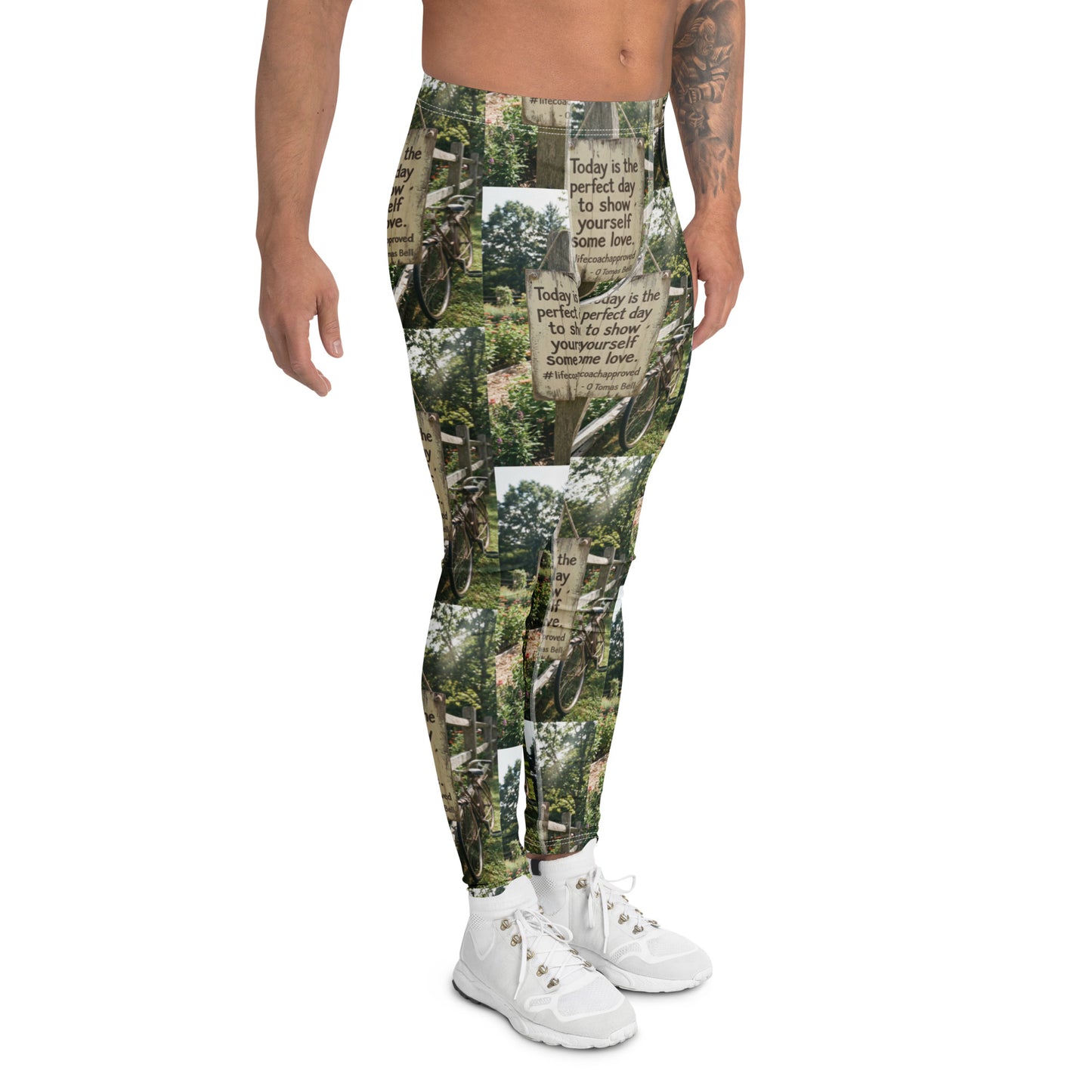 Men's leggings with forest collage pattern and repeating motivational quote blocks