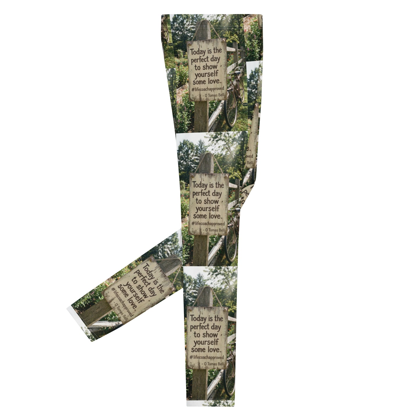 Men's leggings with vertical all-over nature sign and quote graphic detail