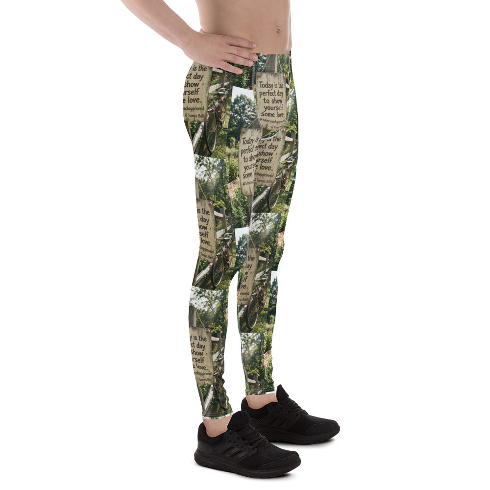 Men's leggings worn full-length, all-over nature sign text print pattern