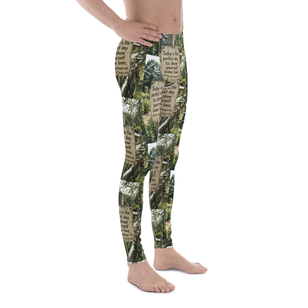 Men's leggings with all-over forest photo design and motivational text